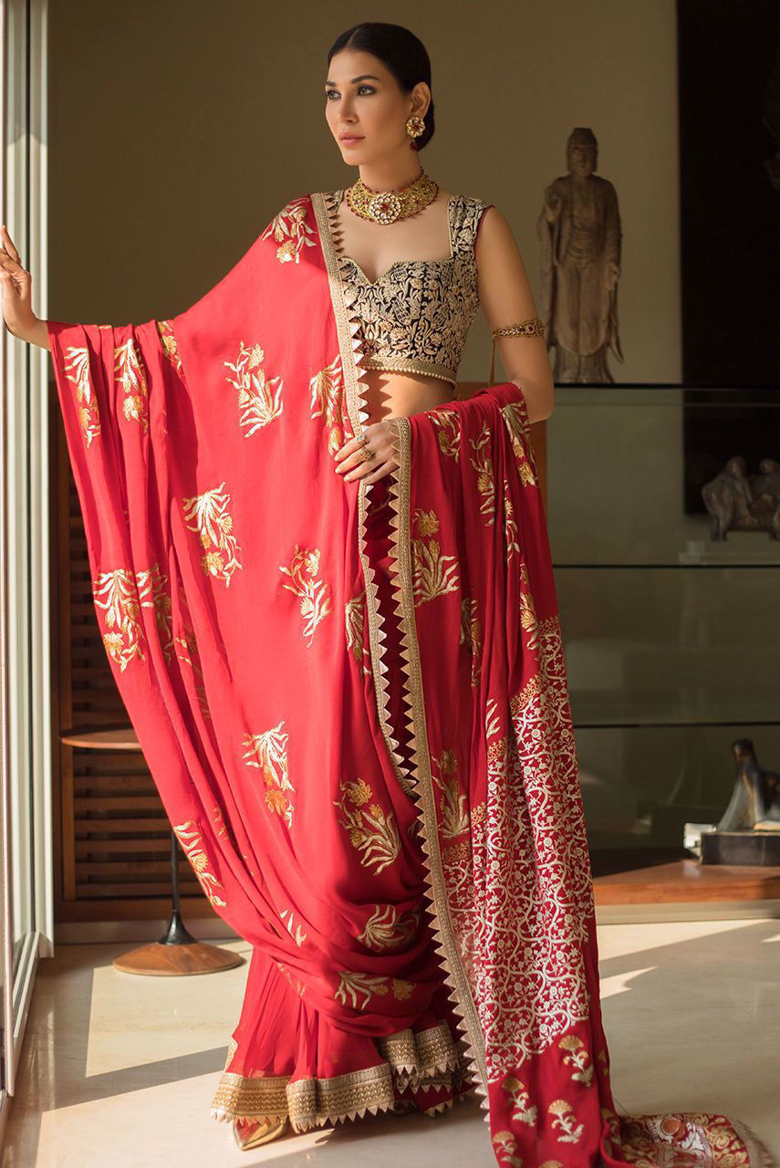 Pakistani Red Gara Embroidered Chiffon & Crepe Gharara Saree (2-Piece) - Image 4