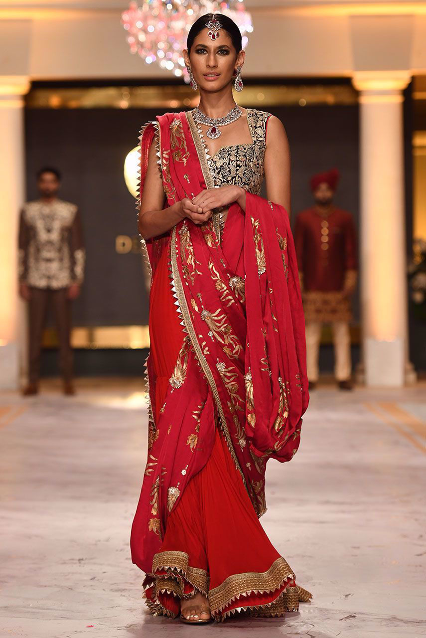 Pakistani Red Gara Embroidered Chiffon & Crepe Gharara Saree (2-Piece) - Image 5