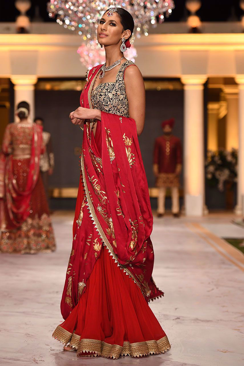 Pakistani Red Gara Embroidered Chiffon & Crepe Gharara Saree (2-Piece) - Image 6