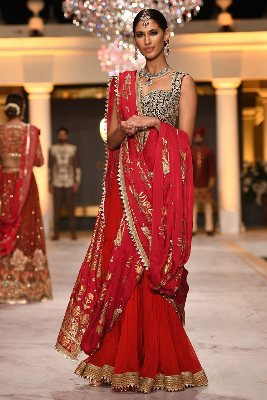Pakistani Red Gara Embroidered Chiffon & Crepe Gharara Saree (2-Piece) - Image 7