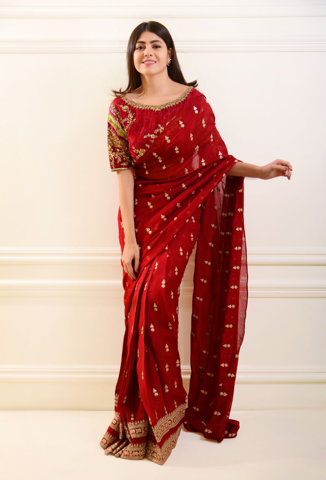 Pakistani Pomegranate Red Embroidered Cotton Net Saree (2-Piece) - Image 1