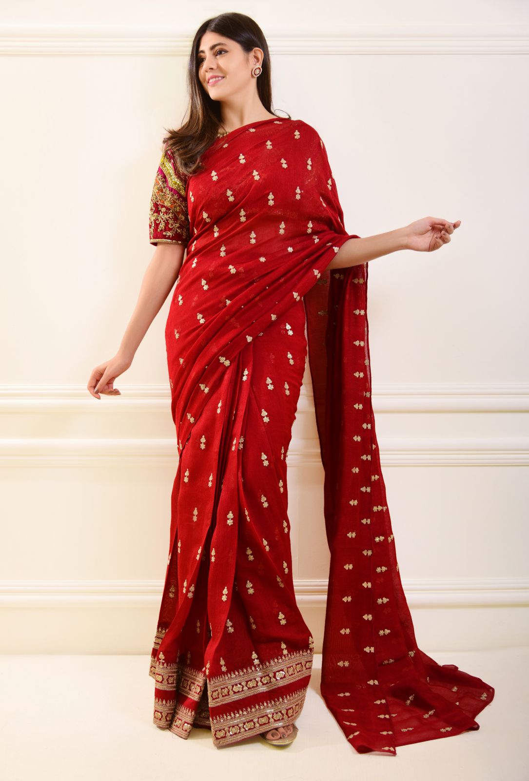 Pakistani Pomegranate Red Embroidered Cotton Net Saree (2-Piece) - Image 3