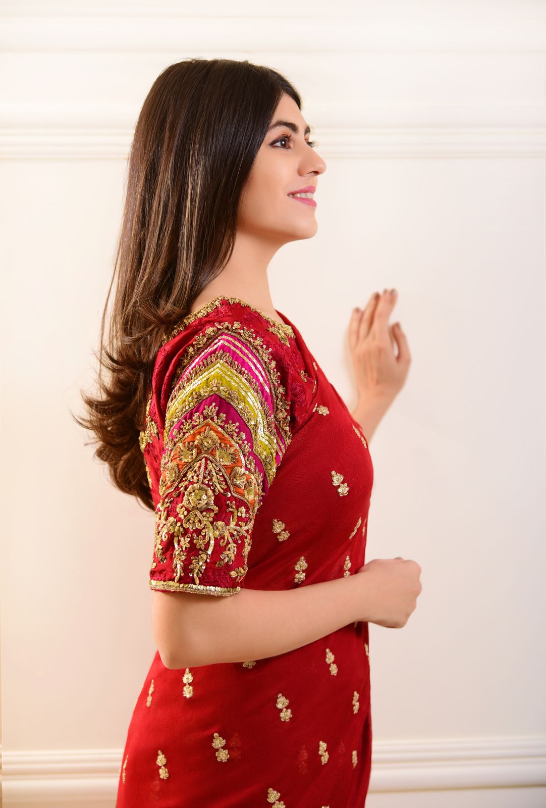 Pakistani Pomegranate Red Embroidered Cotton Net Saree (2-Piece) - Image 4