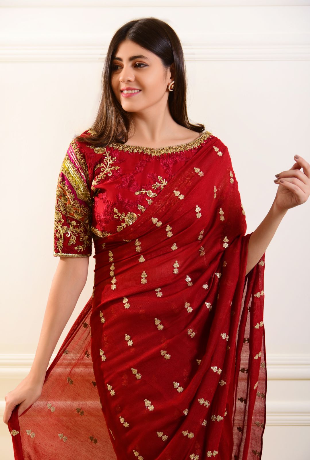 Pakistani Pomegranate Red Embroidered Cotton Net Saree (2-Piece) - Image 5