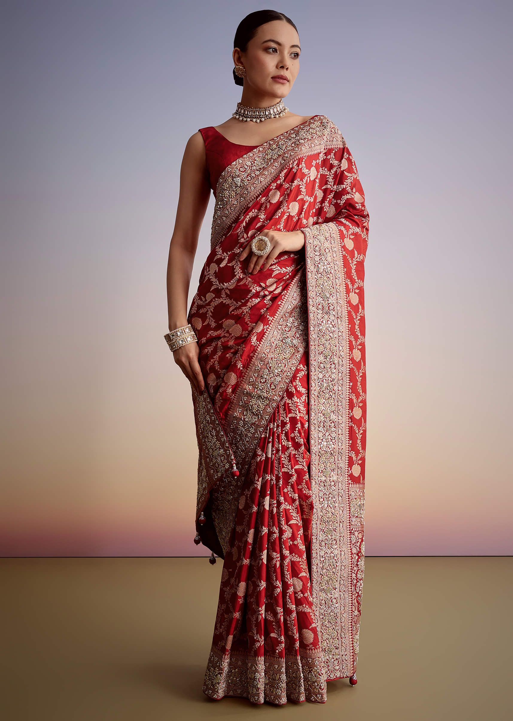 Red Zardozi Embroidered Dola Silk Saree (2-Piece) - Image 1