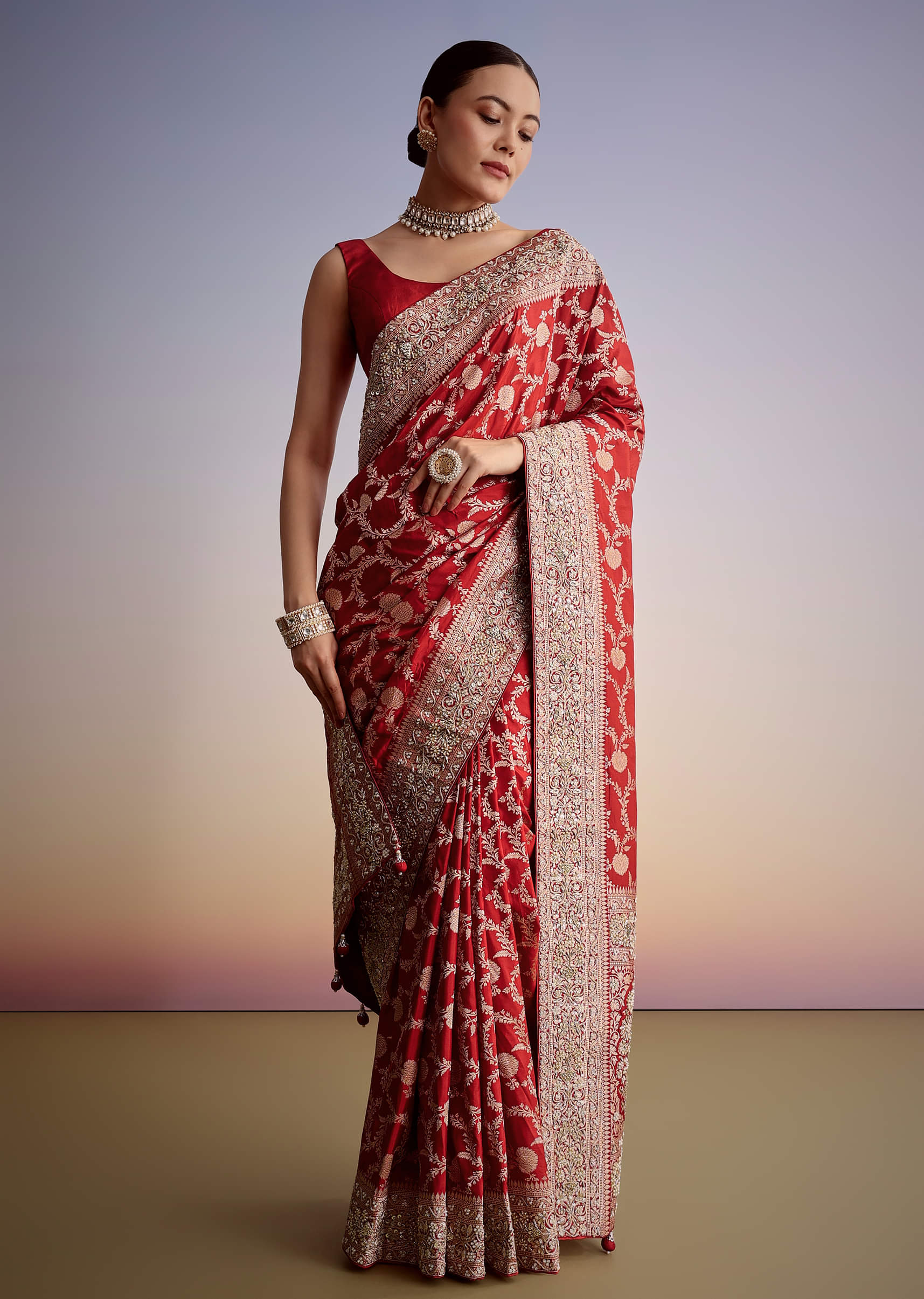 Red Zardozi Embroidered Dola Silk Saree (2-Piece) - Image 10