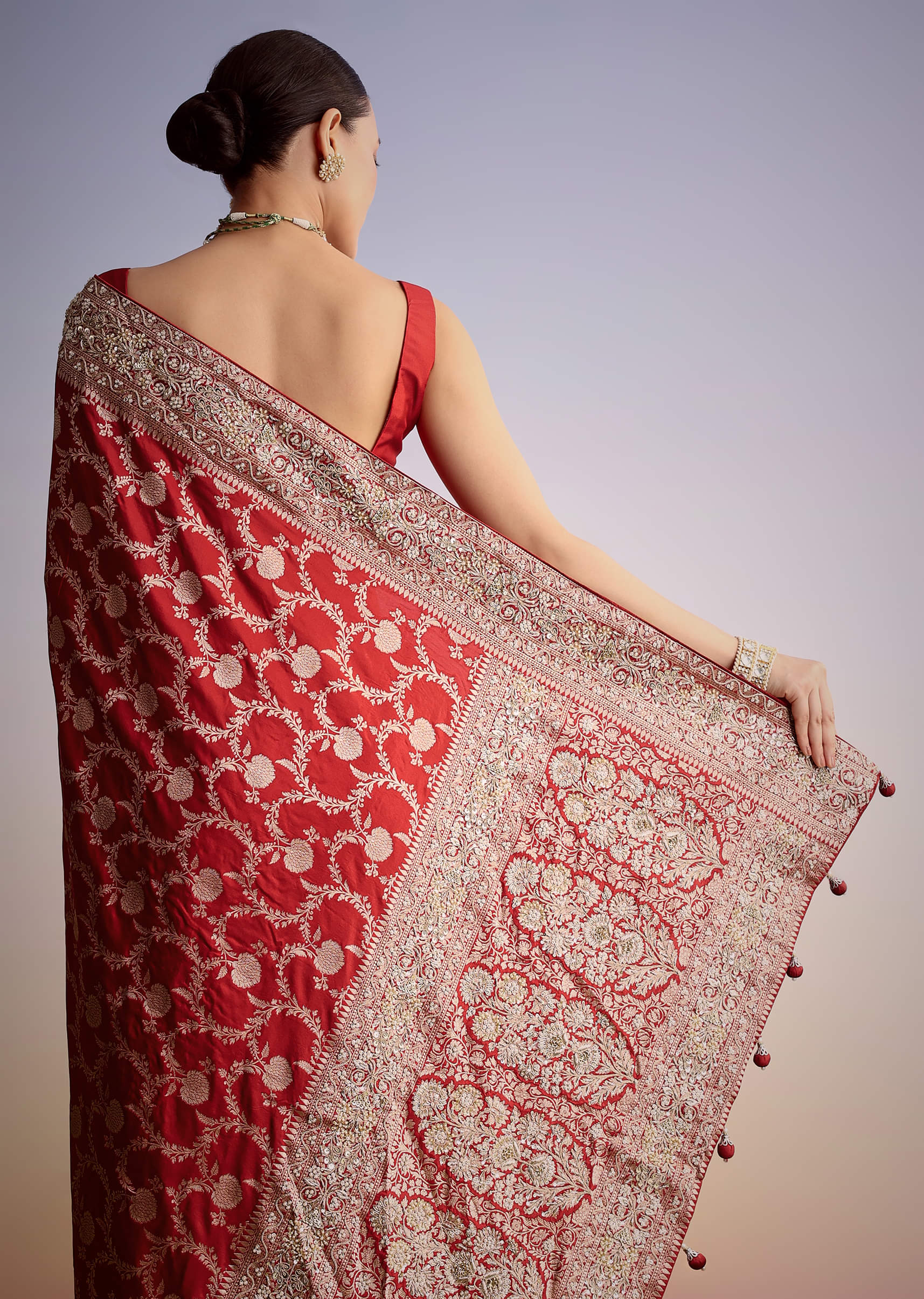 Red Zardozi Embroidered Dola Silk Saree (2-Piece) - Image 3