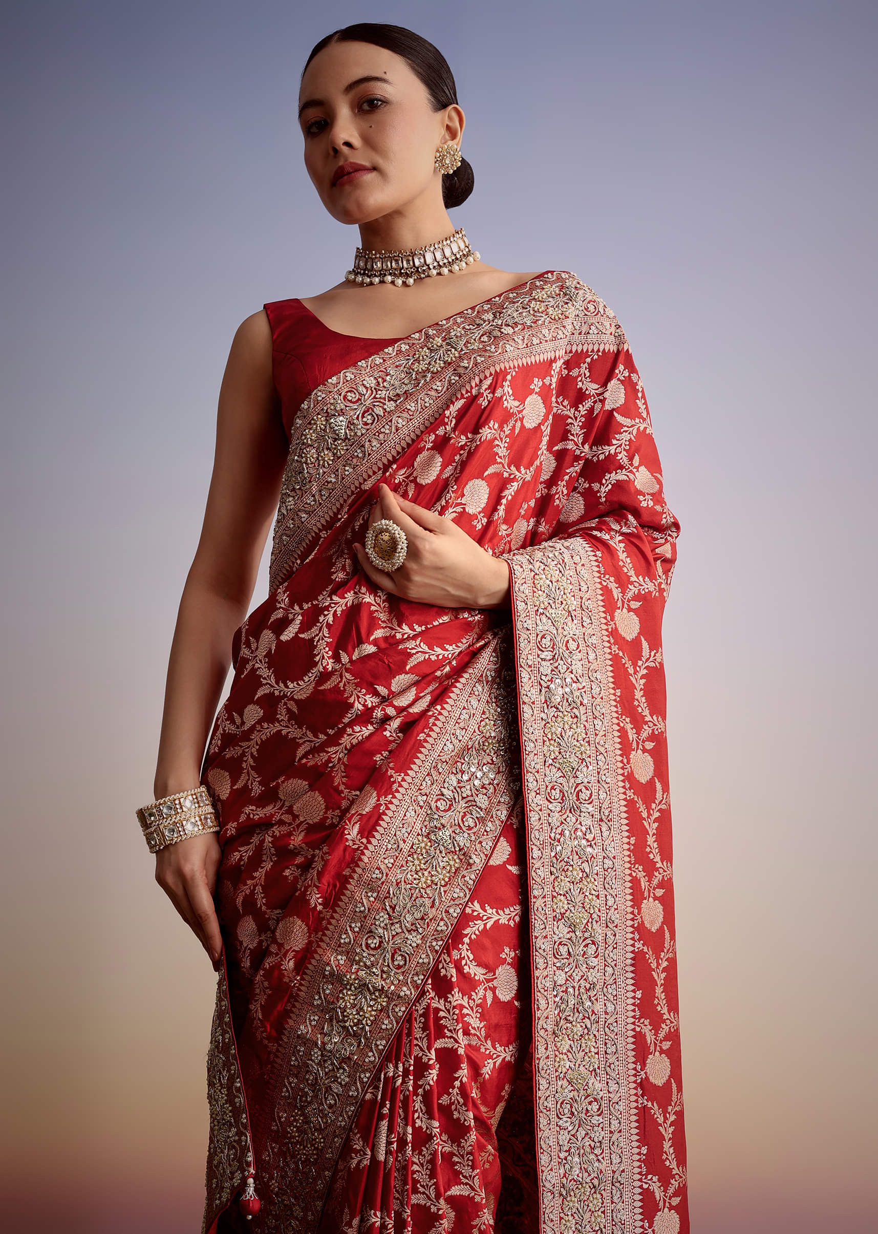 Red Zardozi Embroidered Dola Silk Saree (2-Piece) - Image 4