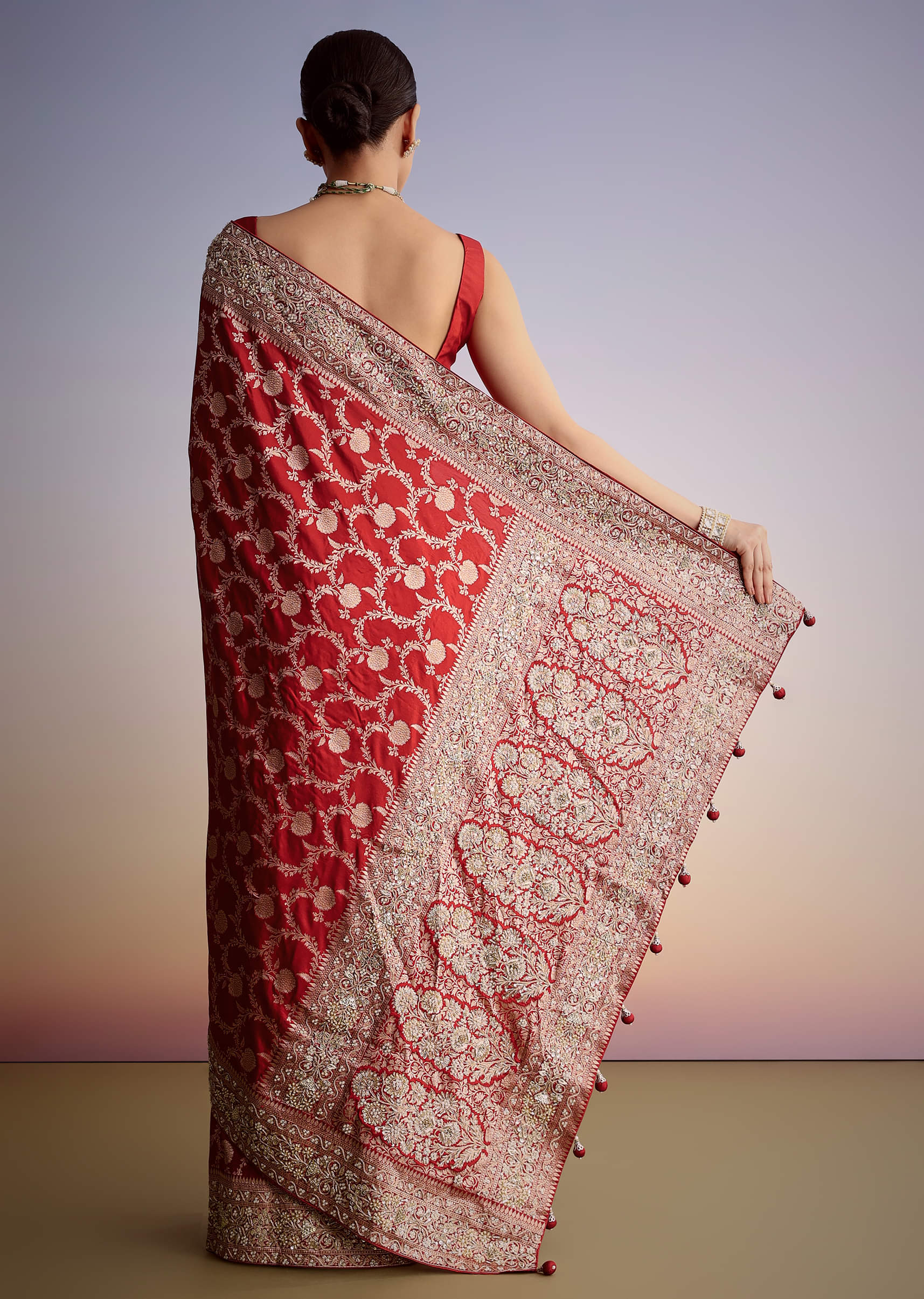 Red Zardozi Embroidered Dola Silk Saree (2-Piece) - Image 5