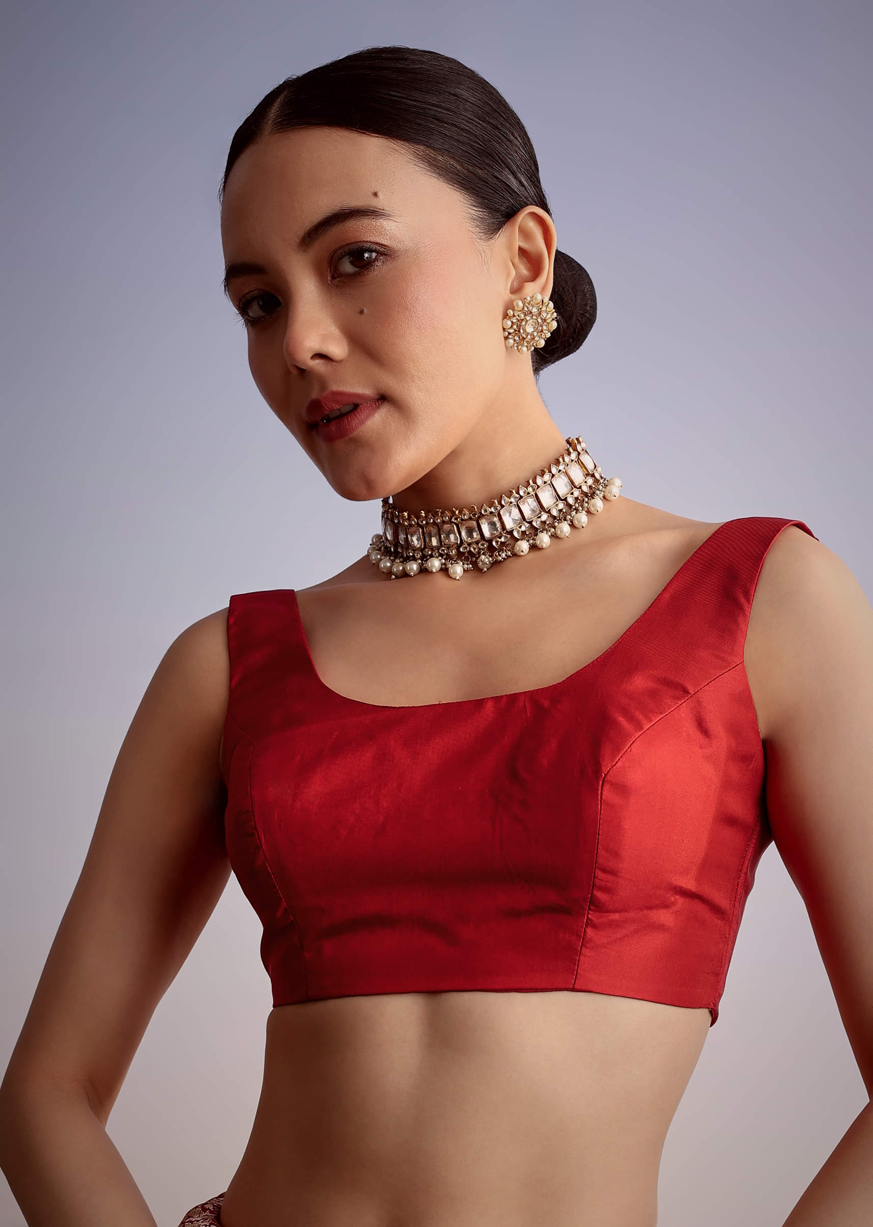 Red Zardozi Embroidered Dola Silk Saree (2-Piece) - Image 6