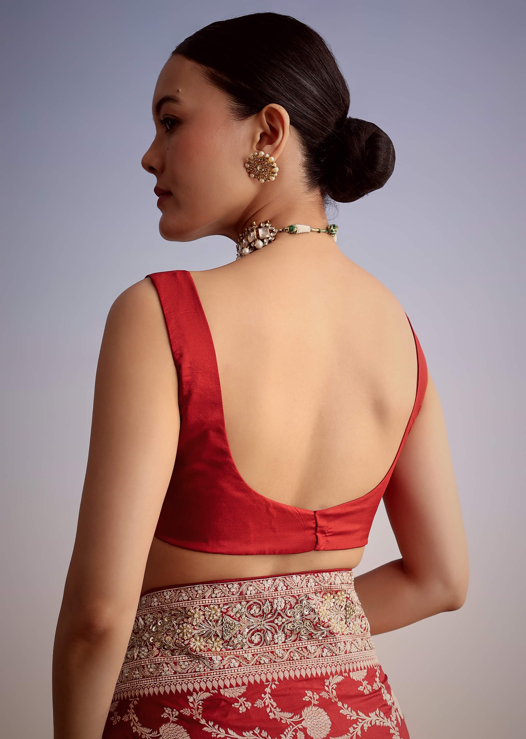 Red Zardozi Embroidered Dola Silk Saree (2-Piece) - Image 7