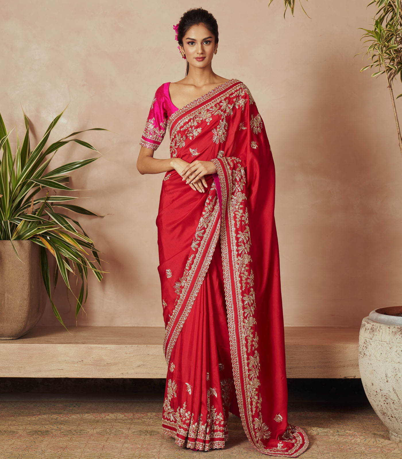 Red Embroidered Dupion Silk Saree Set (2-Piece) - Image 1