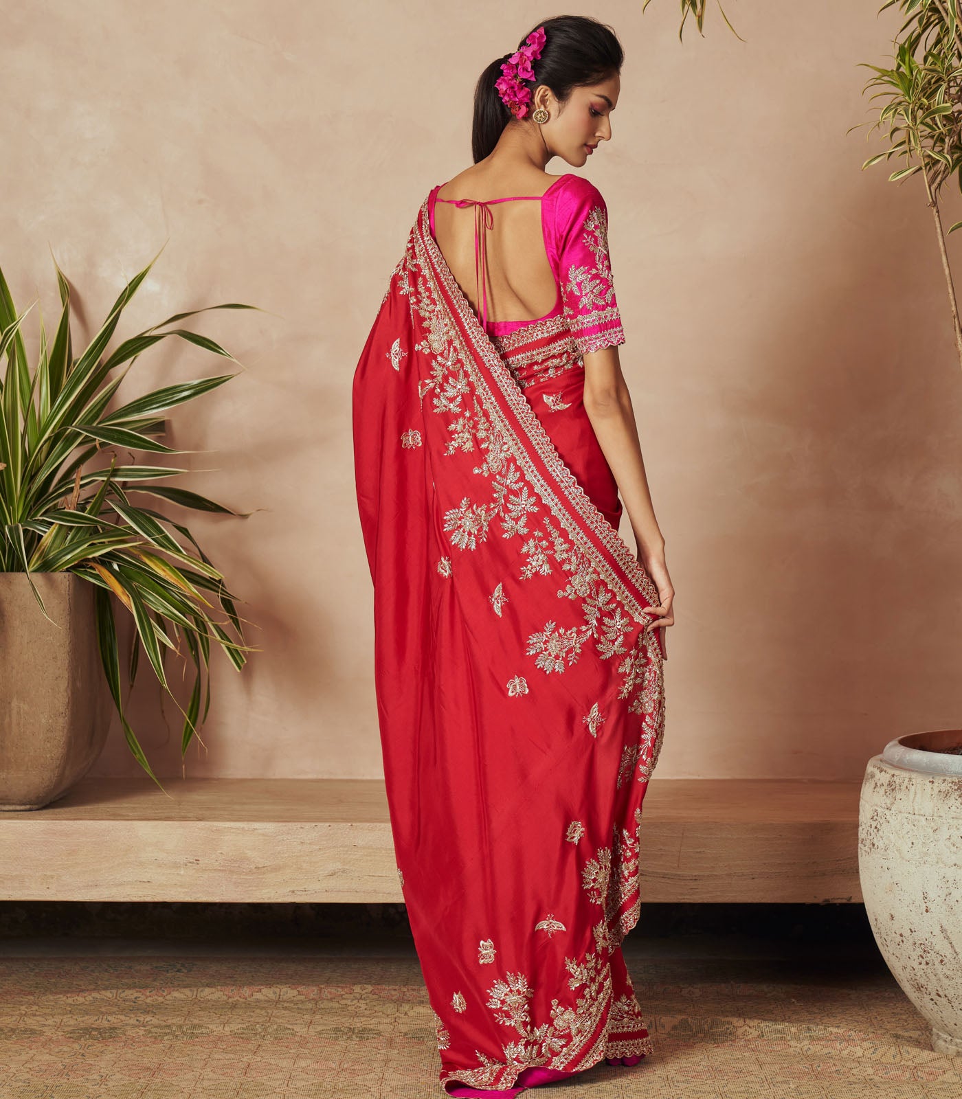 Red Embroidered Dupion Silk Saree Set (2-Piece) - Image 2