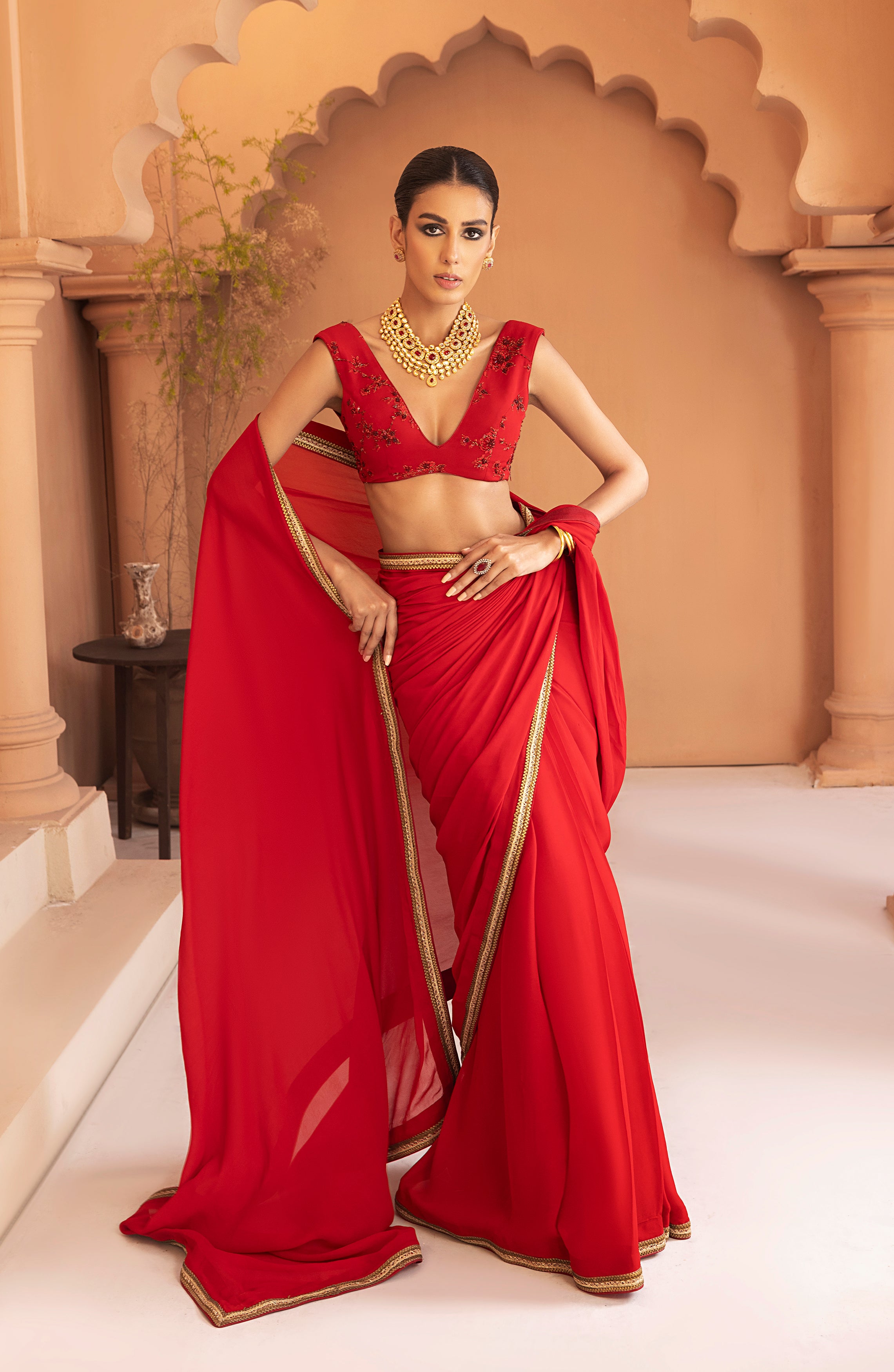Garnet Red Gold Lace Georgette Chiffon Saree (2-Piece) - Image 1