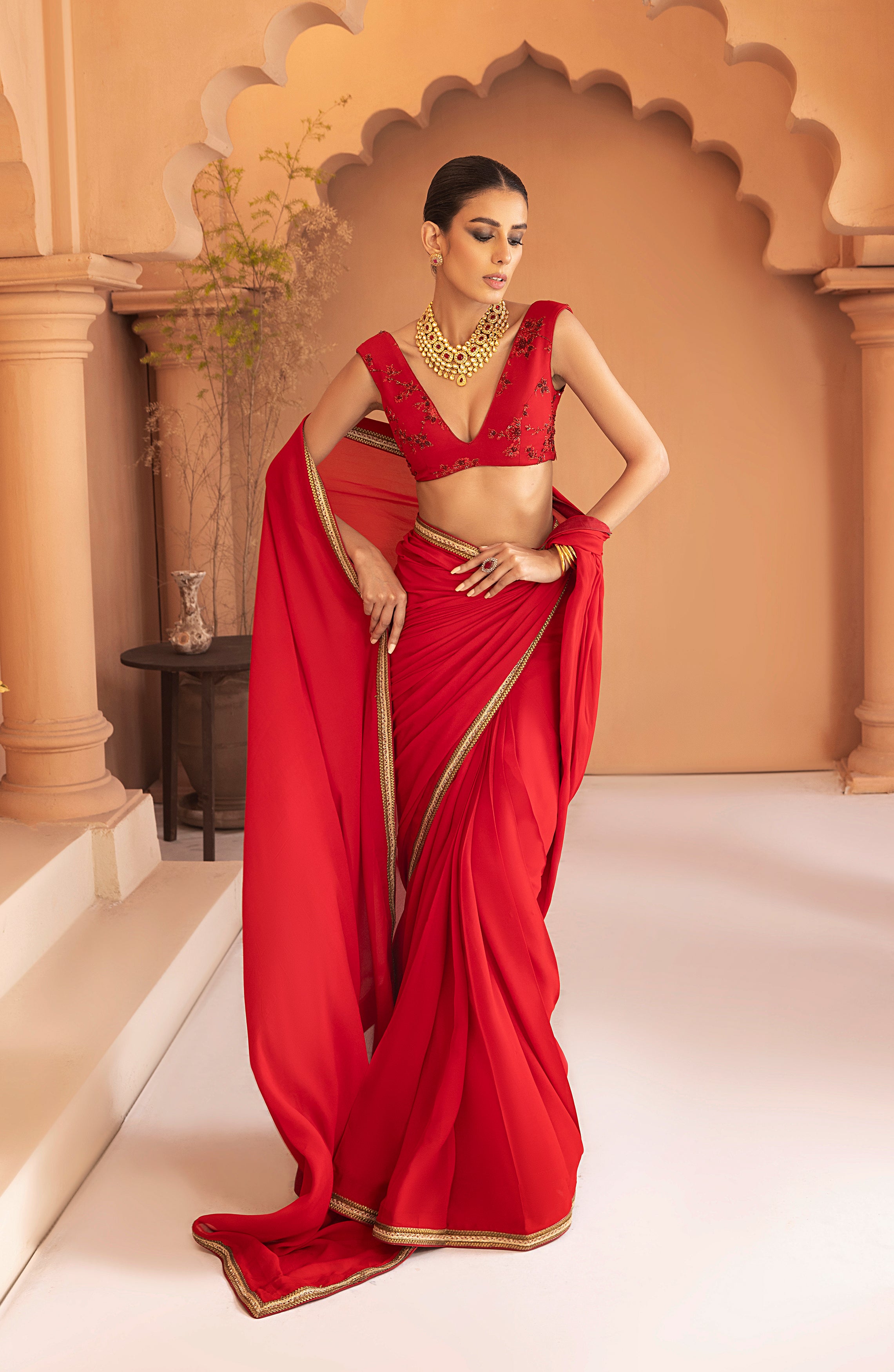 Garnet Red Gold Lace Georgette Chiffon Saree (2-Piece) - Image 2