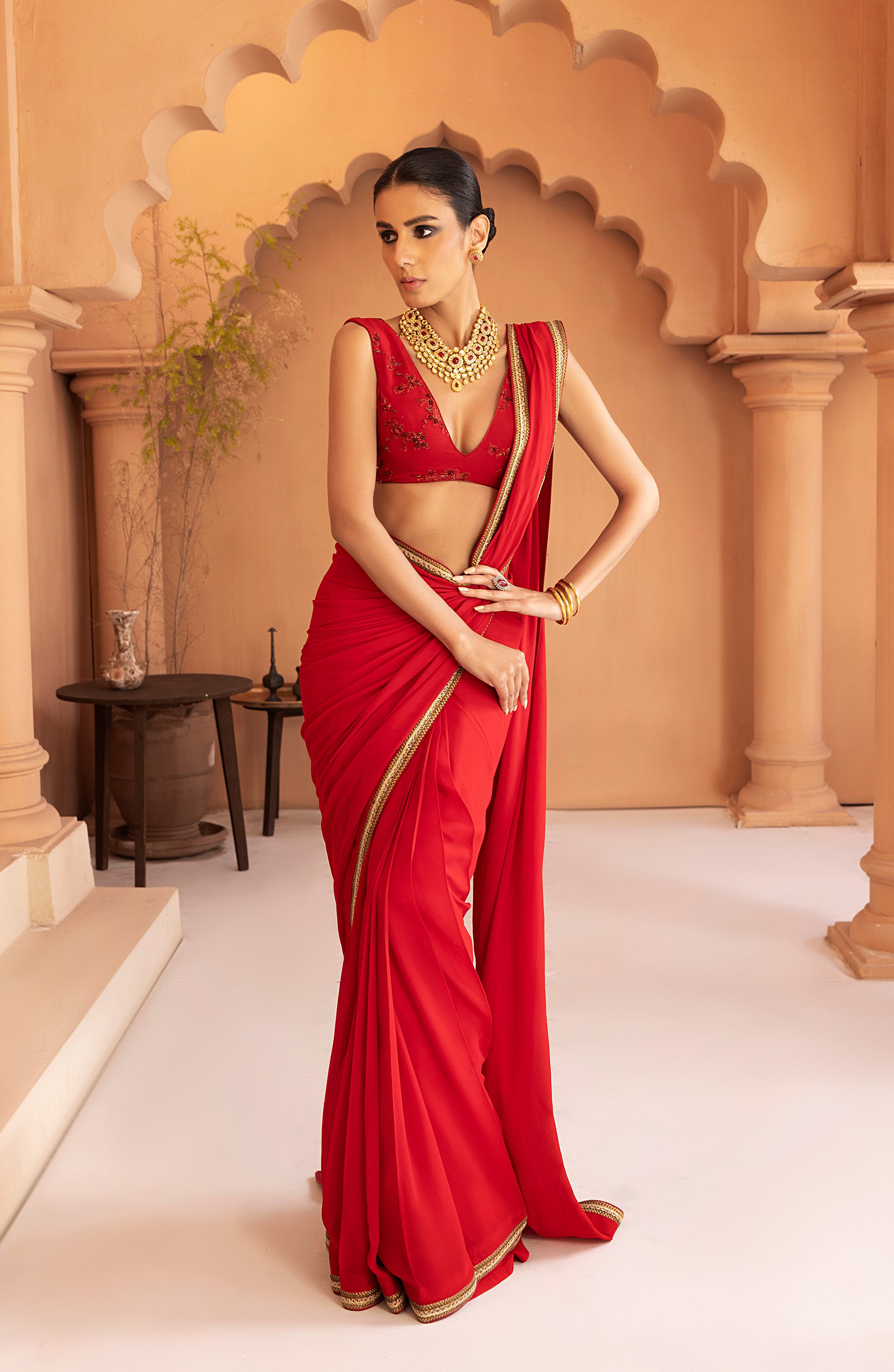 Garnet Red Gold Lace Georgette Chiffon Saree (2-Piece) - Image 3