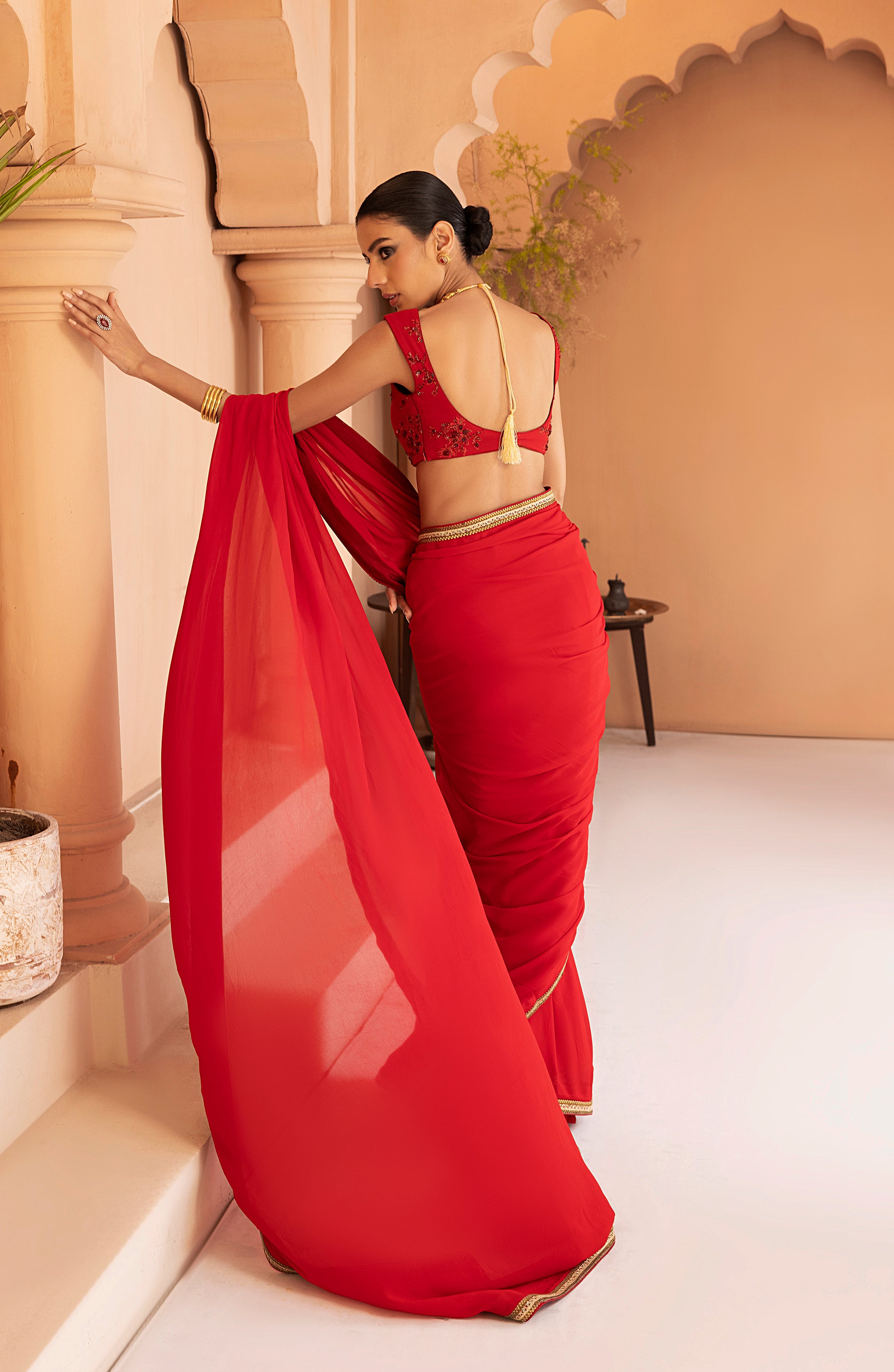 Garnet Red Gold Lace Georgette Chiffon Saree (2-Piece) - Image 5