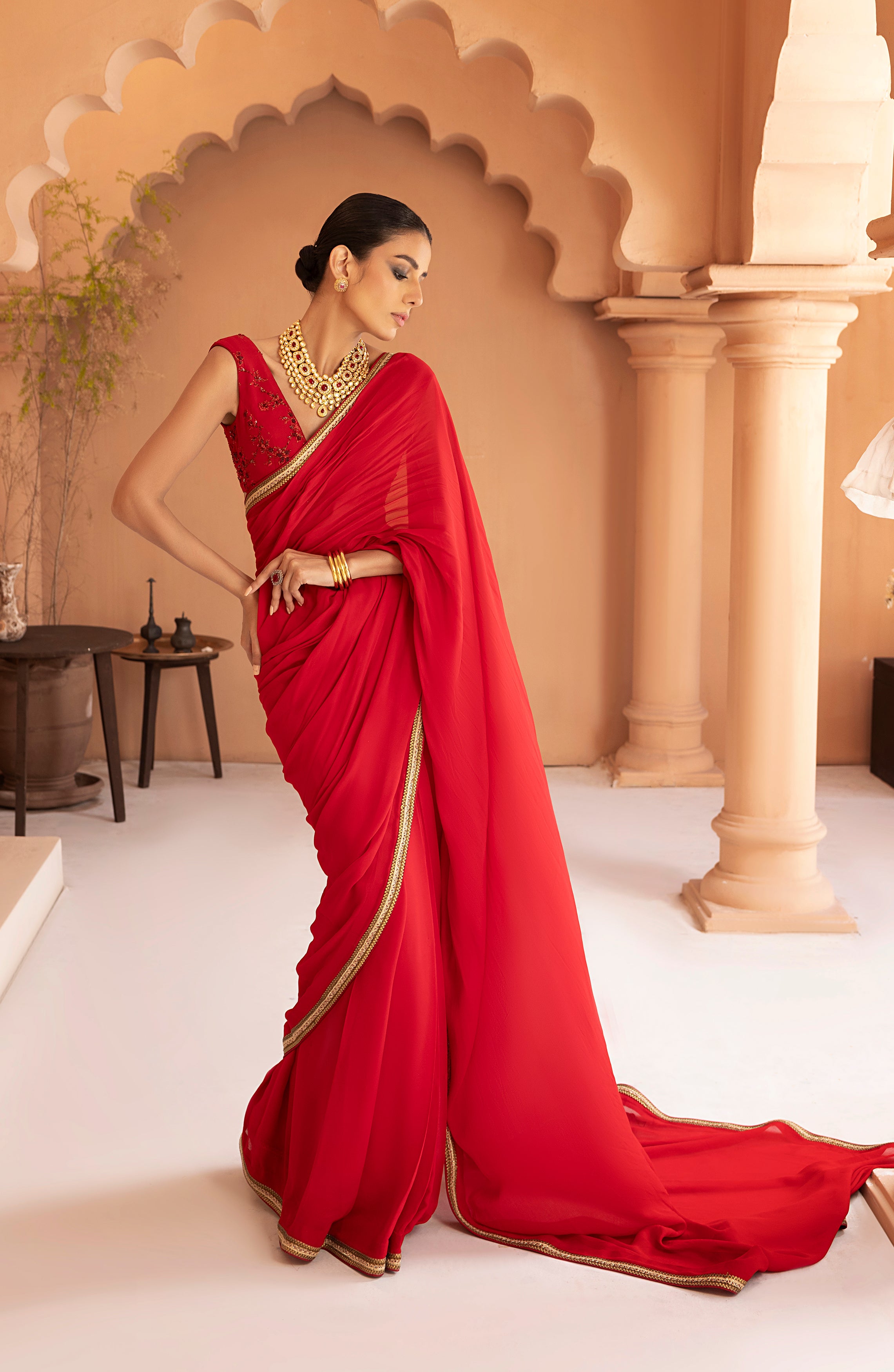 Garnet Red Gold Lace Georgette Chiffon Saree (2-Piece) - Image 6