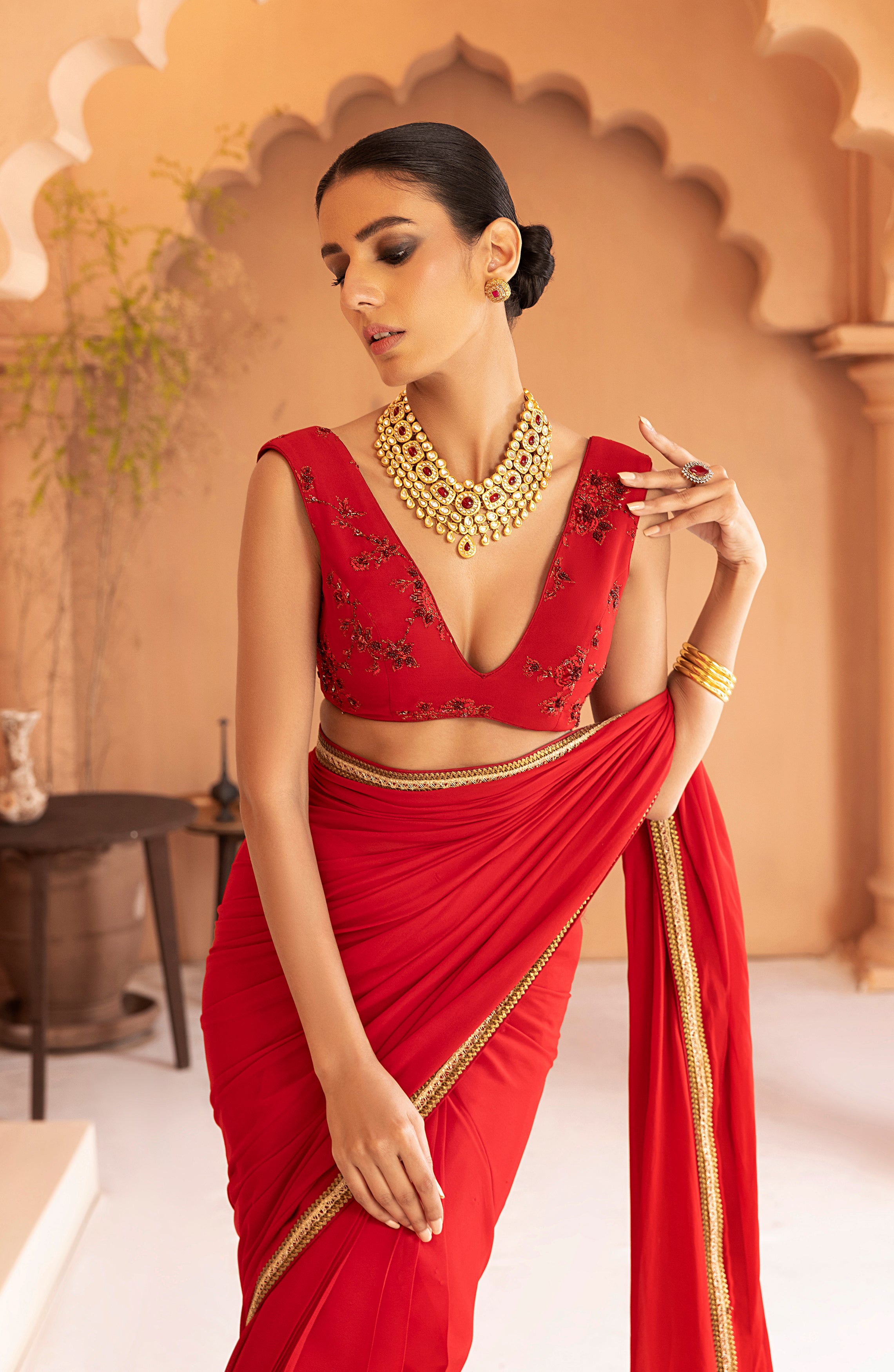 Garnet Red Gold Lace Georgette Chiffon Saree (2-Piece) - Image 7