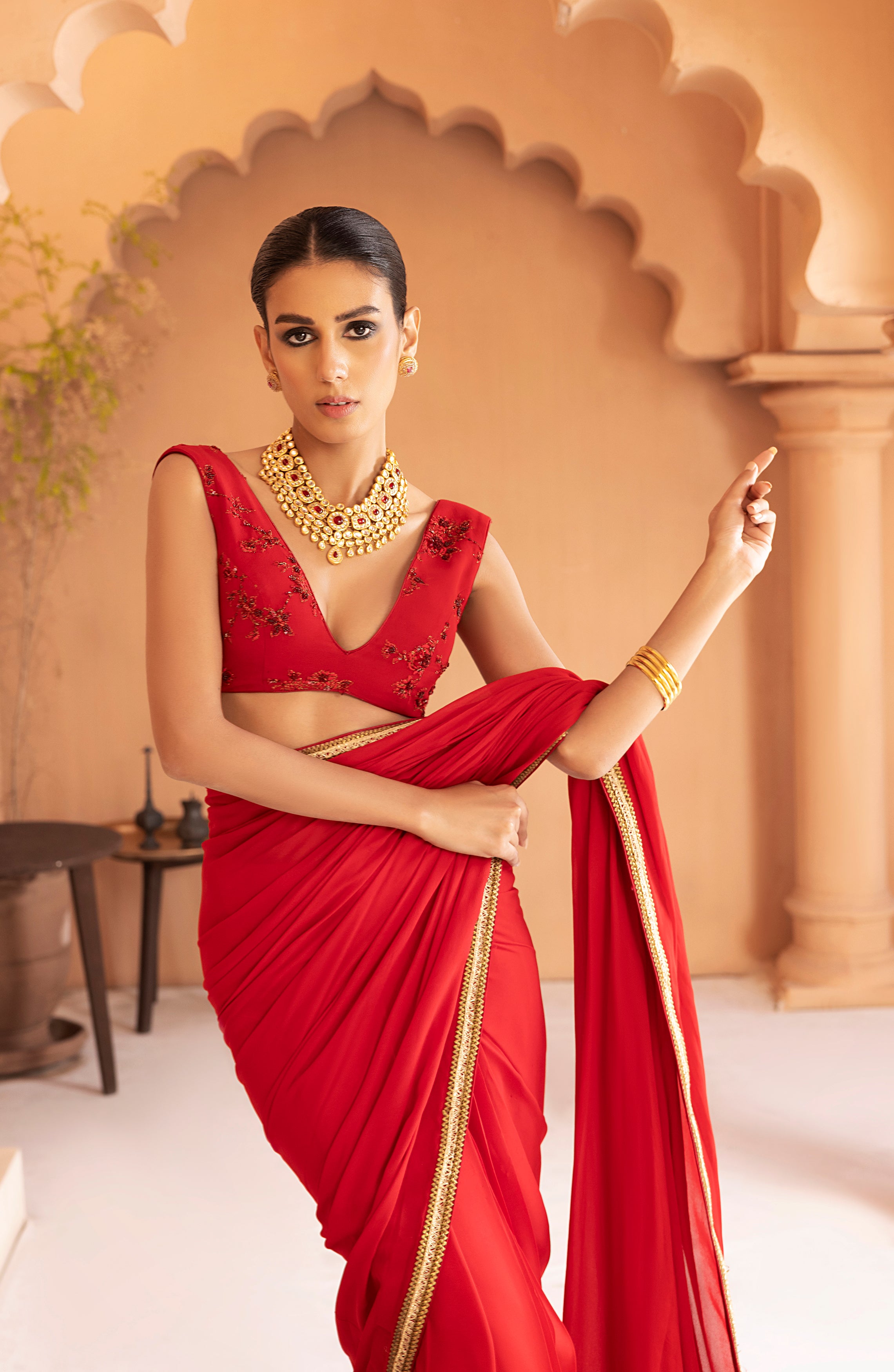 Garnet Red Gold Lace Georgette Chiffon Saree (2-Piece) - Image 8