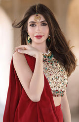 Pakistani Red Hand-Embroidered Georgette Chiffon Lehnga-Sari (2-Piece) - Image 2