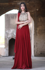 Pakistani Red Hand-Embroidered Georgette Chiffon Lehnga-Sari (2-Piece) - Image 3