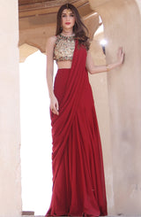 Pakistani Red Hand-Embroidered Georgette Chiffon Lehnga-Sari (2-Piece) - Image 5