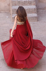 Pakistani Red Hand-Embroidered Georgette Chiffon Lehnga-Sari (2-Piece) - Image 6