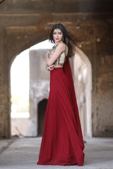 Red Hand-Embroidered Georgette Chiffon Lehnga-Sari (2-Piece) - Image 4