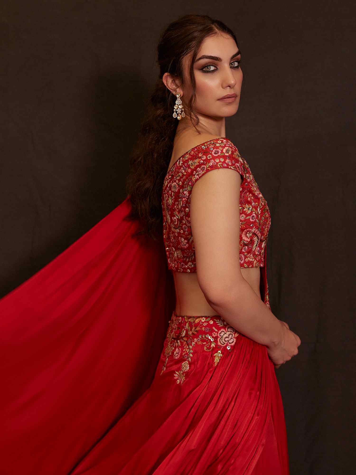 Pakistani Red Hand-Embroidered Jamawar & Satin Chamois Saree (2-Piece) - Image 2