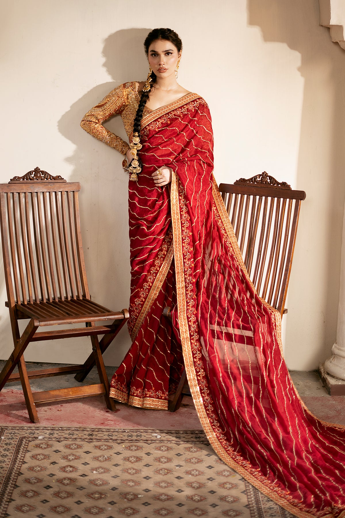 Deep Red Zardozi Masoori Silk Saree (3-Piece) - Image 1