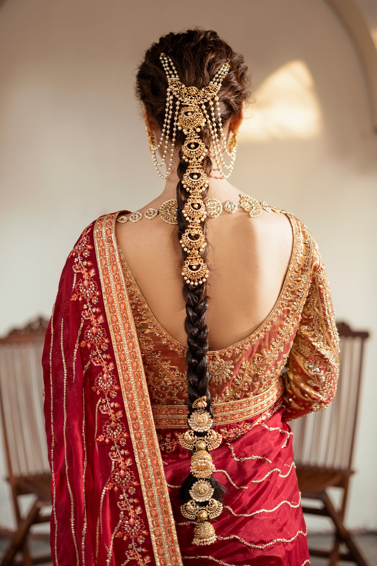 Deep Red Zardozi Masoori Silk Saree (3-Piece) - Image 2