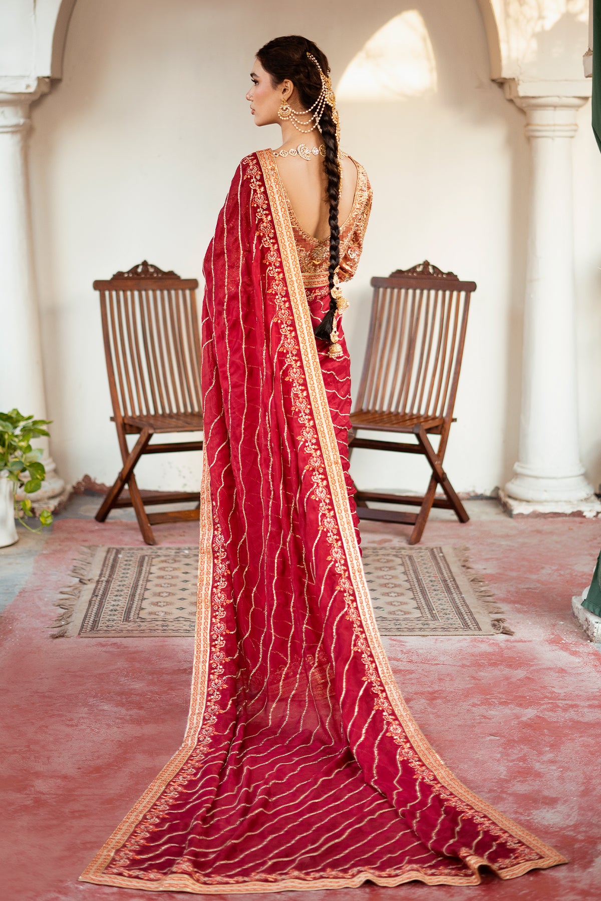 Deep Red Zardozi Masoori Silk Saree (3-Piece) - Image 3