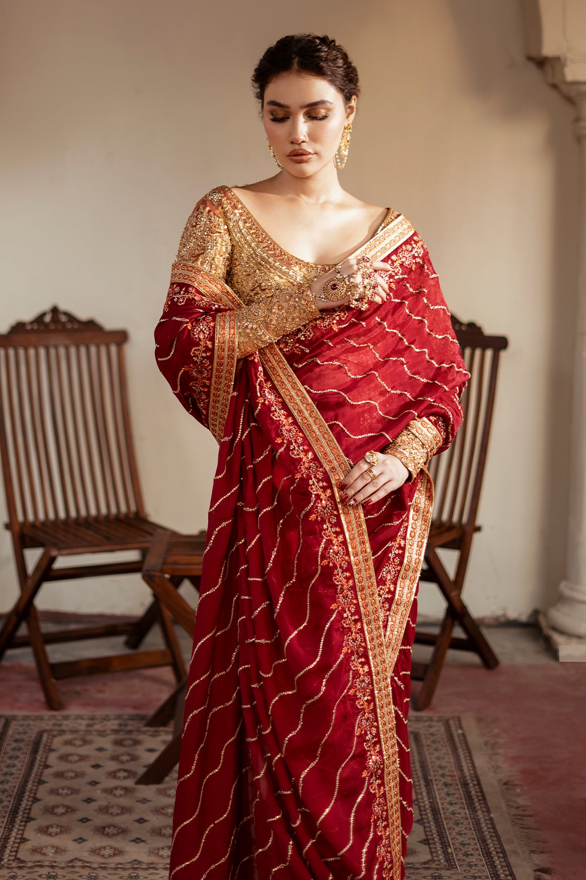 Deep Red Zardozi Masoori Silk Saree (3-Piece) - Image 4