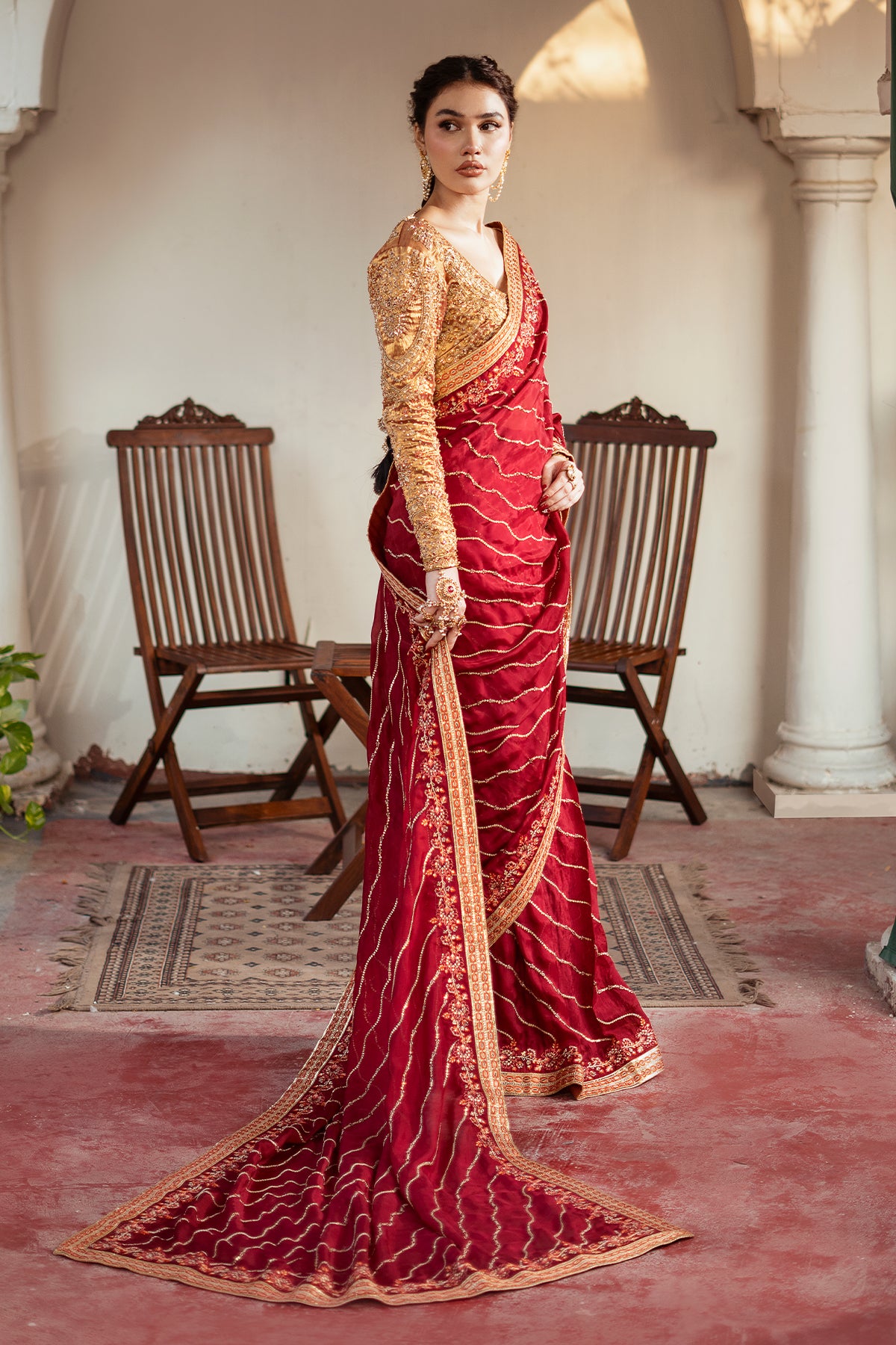 Deep Red Zardozi Masoori Silk Saree (3-Piece) - Image 5