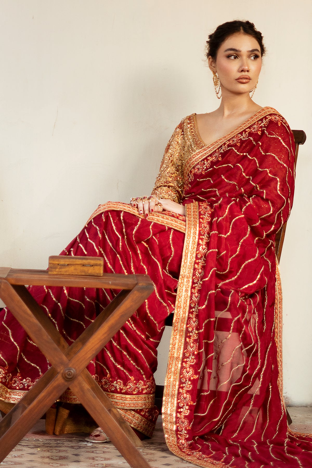 Deep Red Zardozi Masoori Silk Saree (3-Piece) - Image 6