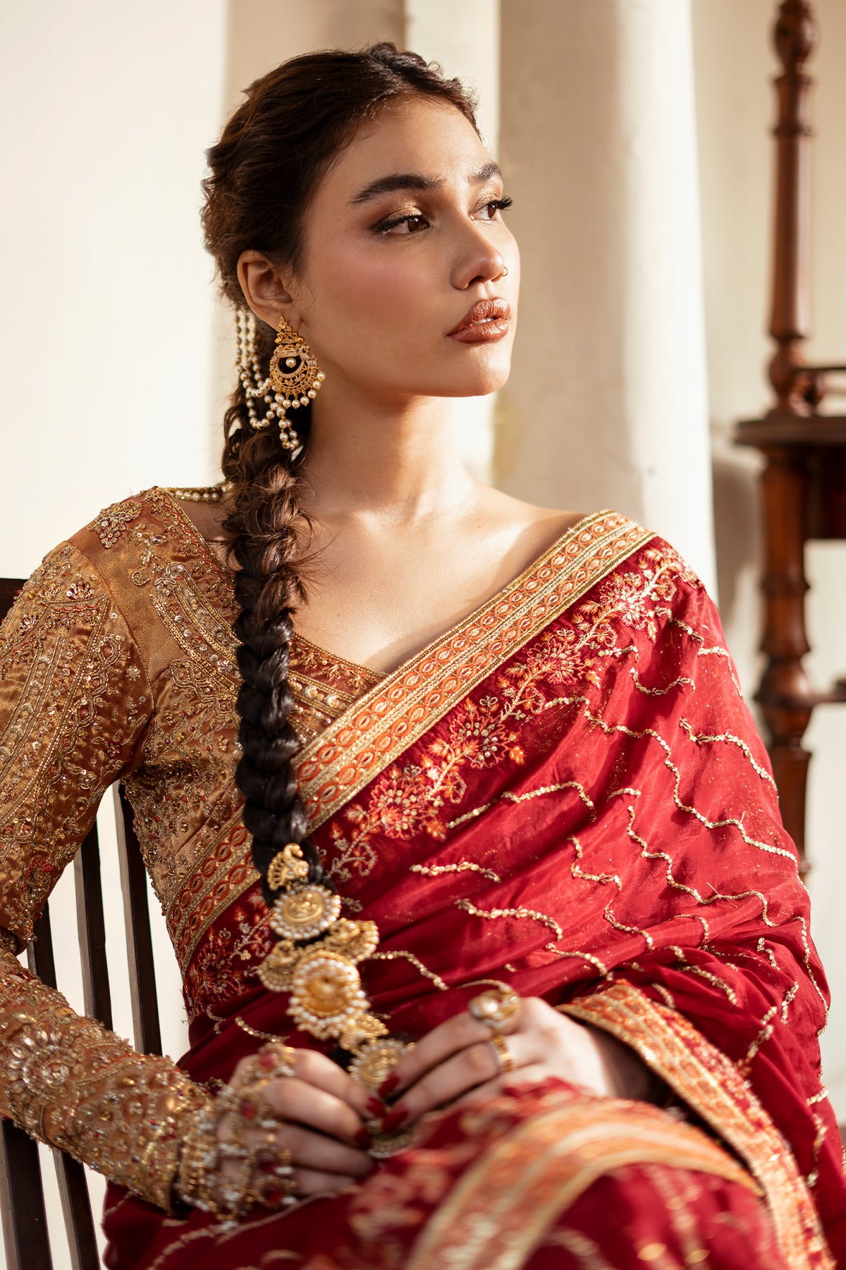 Deep Red Zardozi Masoori Silk Saree (3-Piece) - Image 7