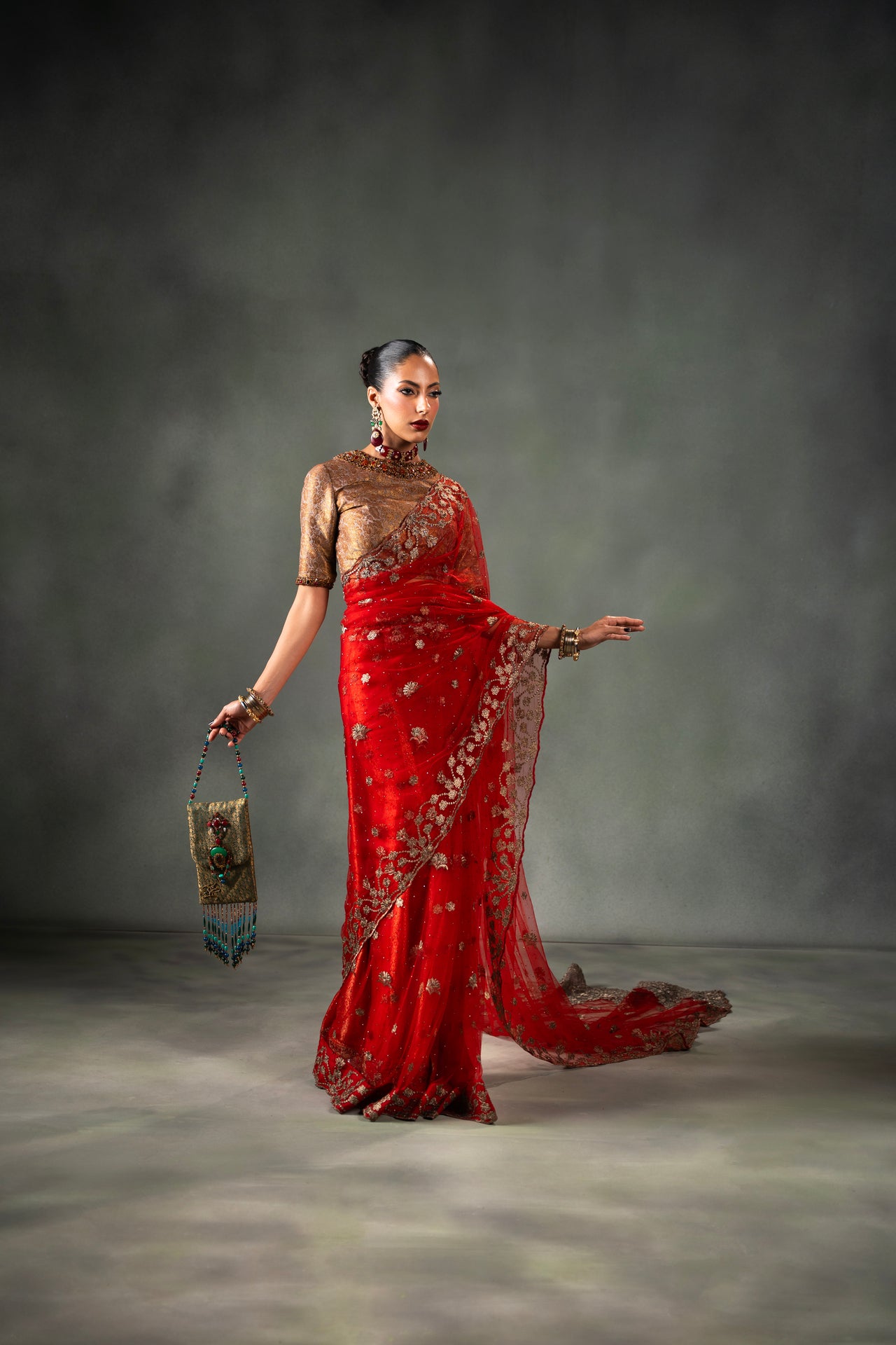 Cardinal Red Embroidered Net Saree (2-Piece) - Image 1