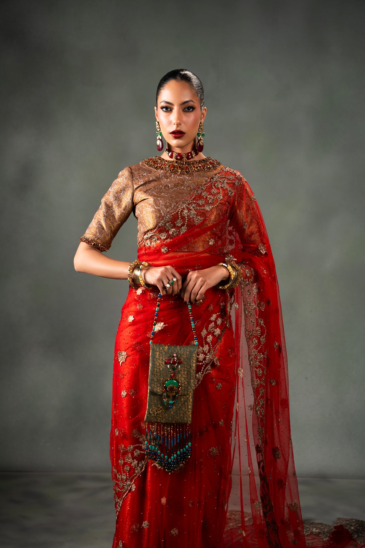 Cardinal Red Embroidered Net Saree (2-Piece) - Image 2