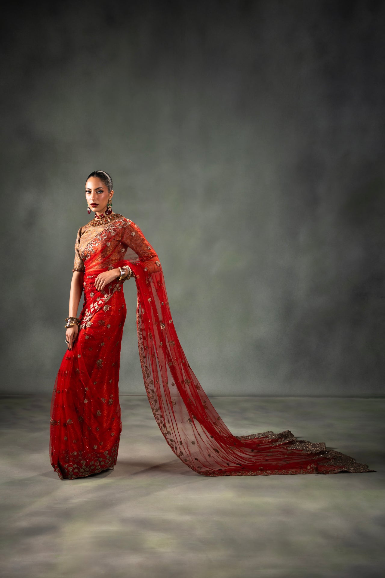 Cardinal Red Embroidered Net Saree (2-Piece) - Image 5