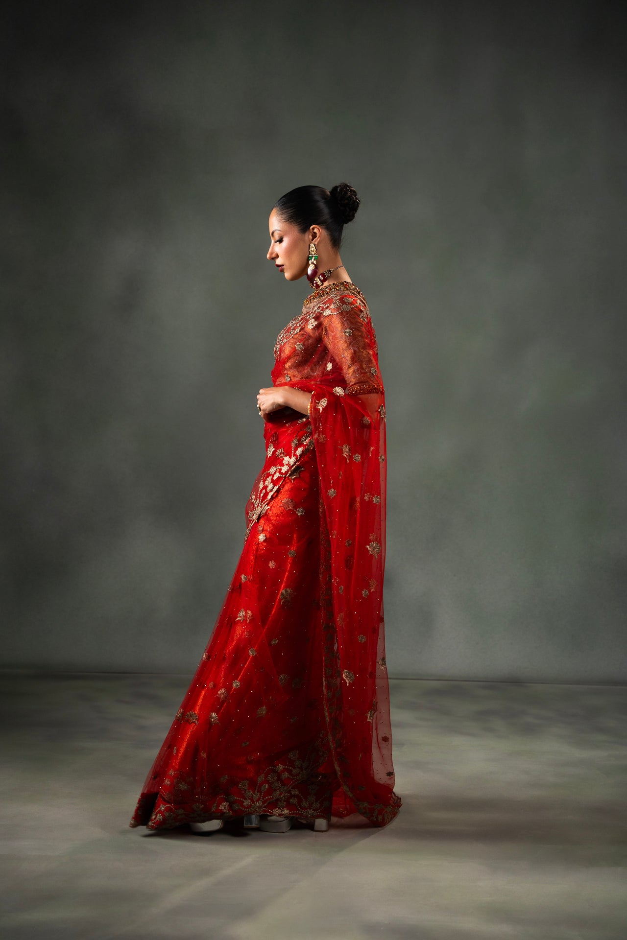 Cardinal Red Embroidered Net Saree (2-Piece) - Image 6