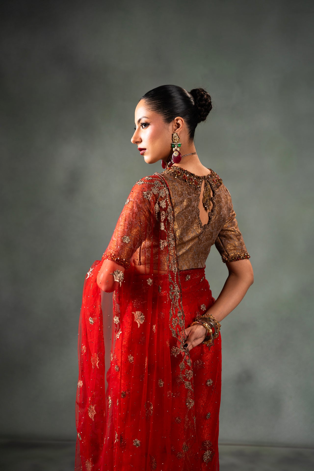 Cardinal Red Embroidered Net Saree (2-Piece) - Image 7