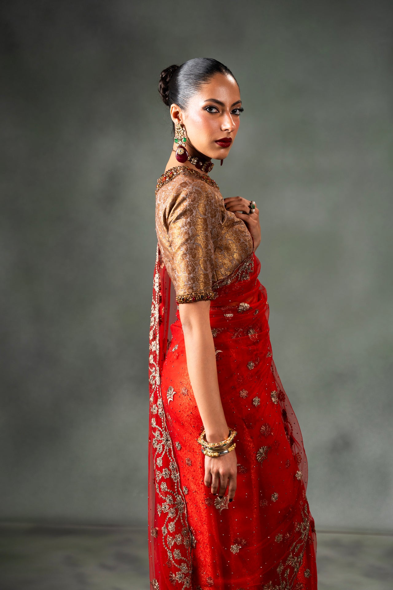 Cardinal Red Embroidered Net Saree (2-Piece) - Image 8