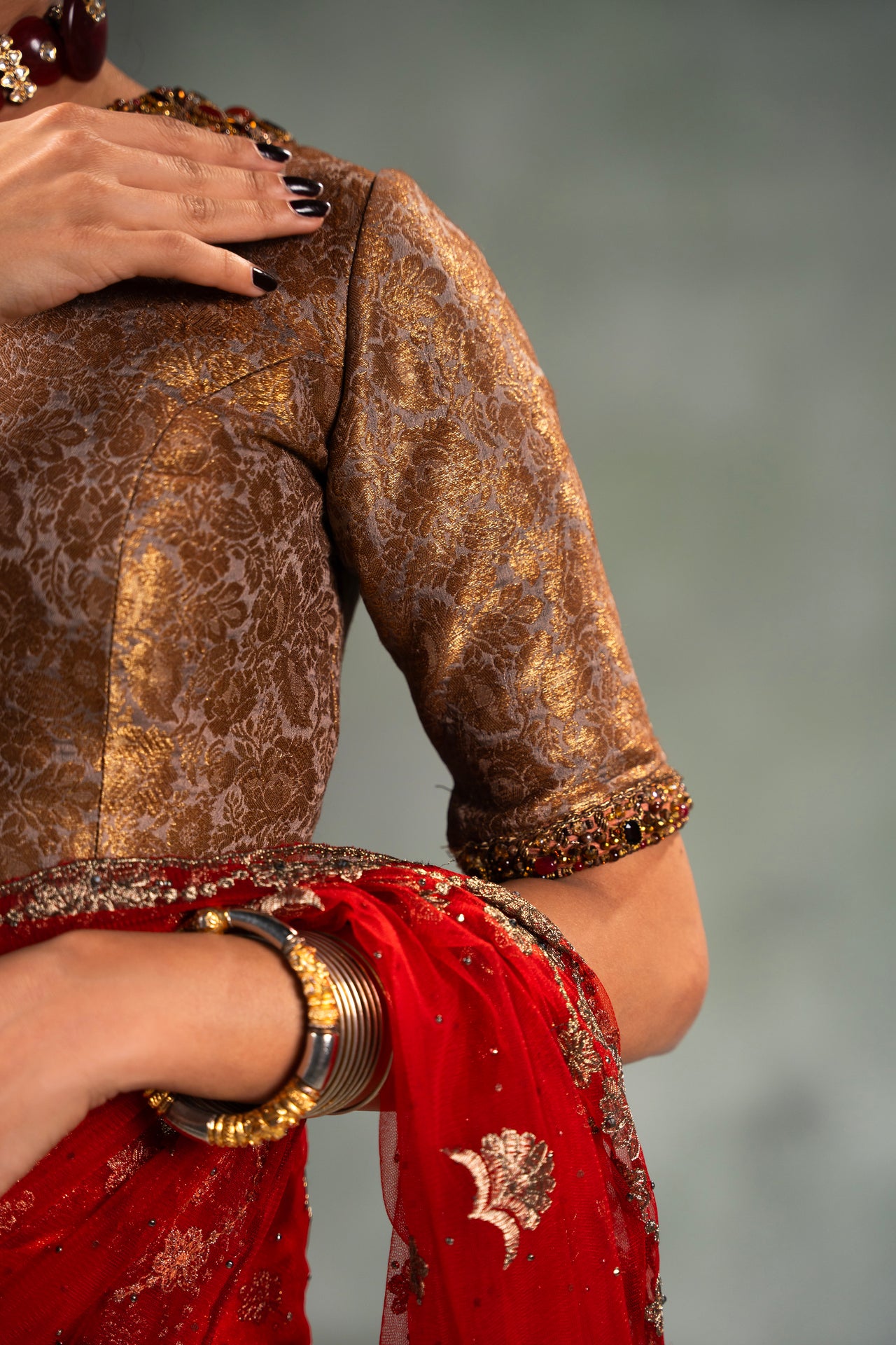 Cardinal Red Embroidered Net Saree (2-Piece) - Image 9