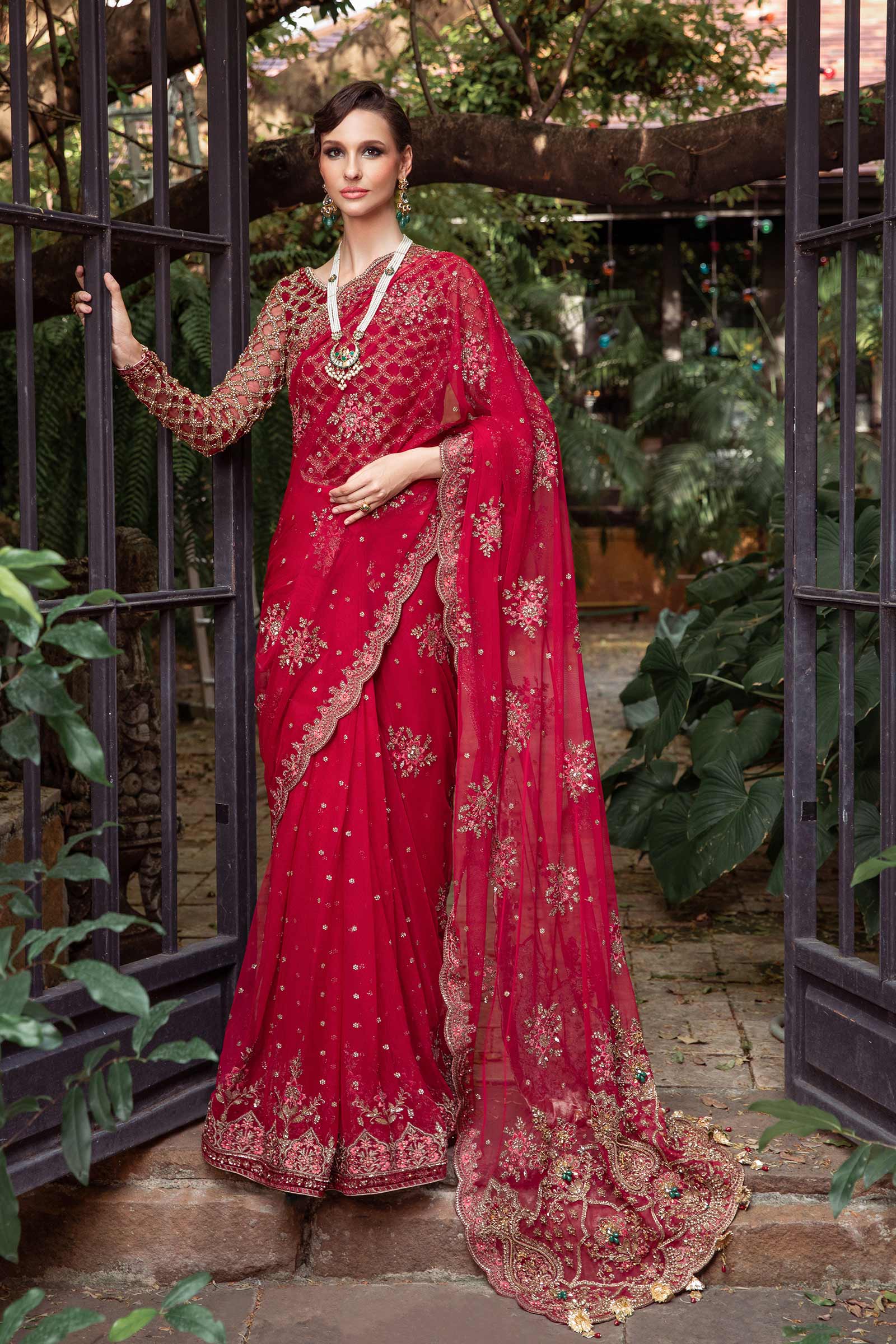 Red Hand-Embellished Net & Raw Silk Saree (3-Piece) - Image 4