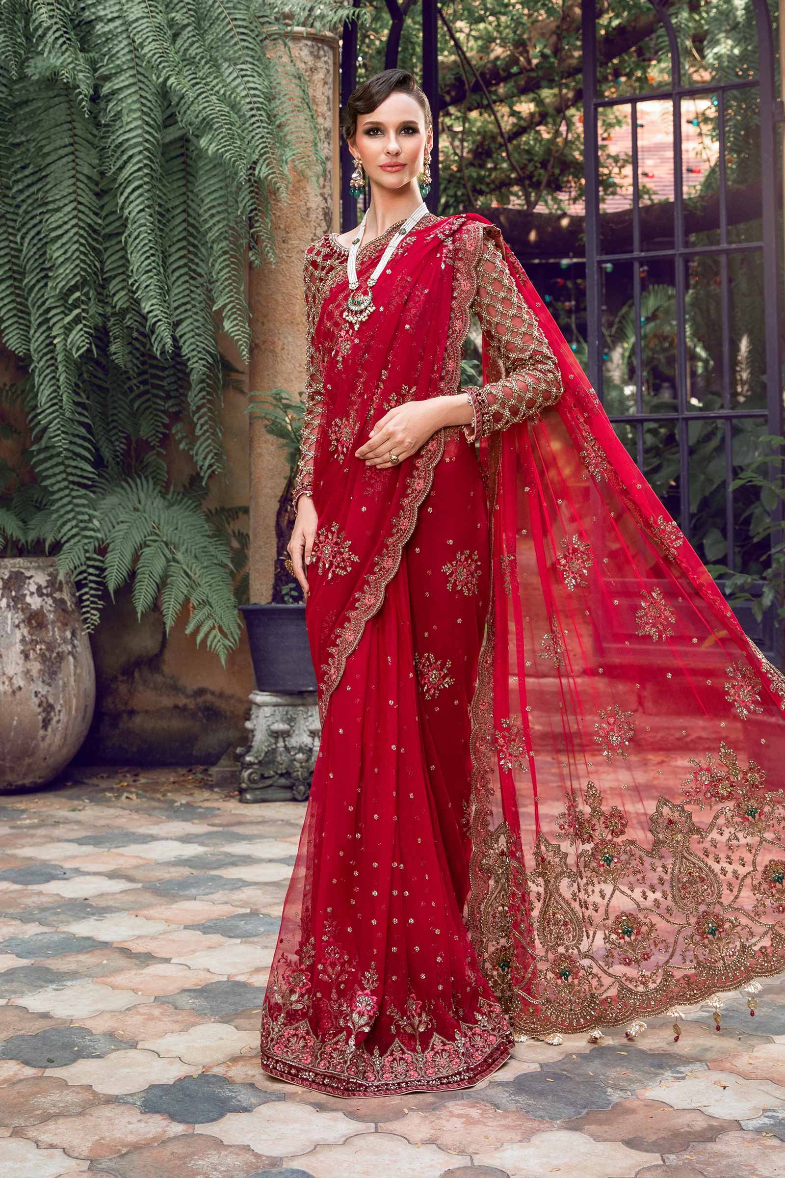 Red Hand-Embellished Net & Raw Silk Saree (3-Piece) - Image 5