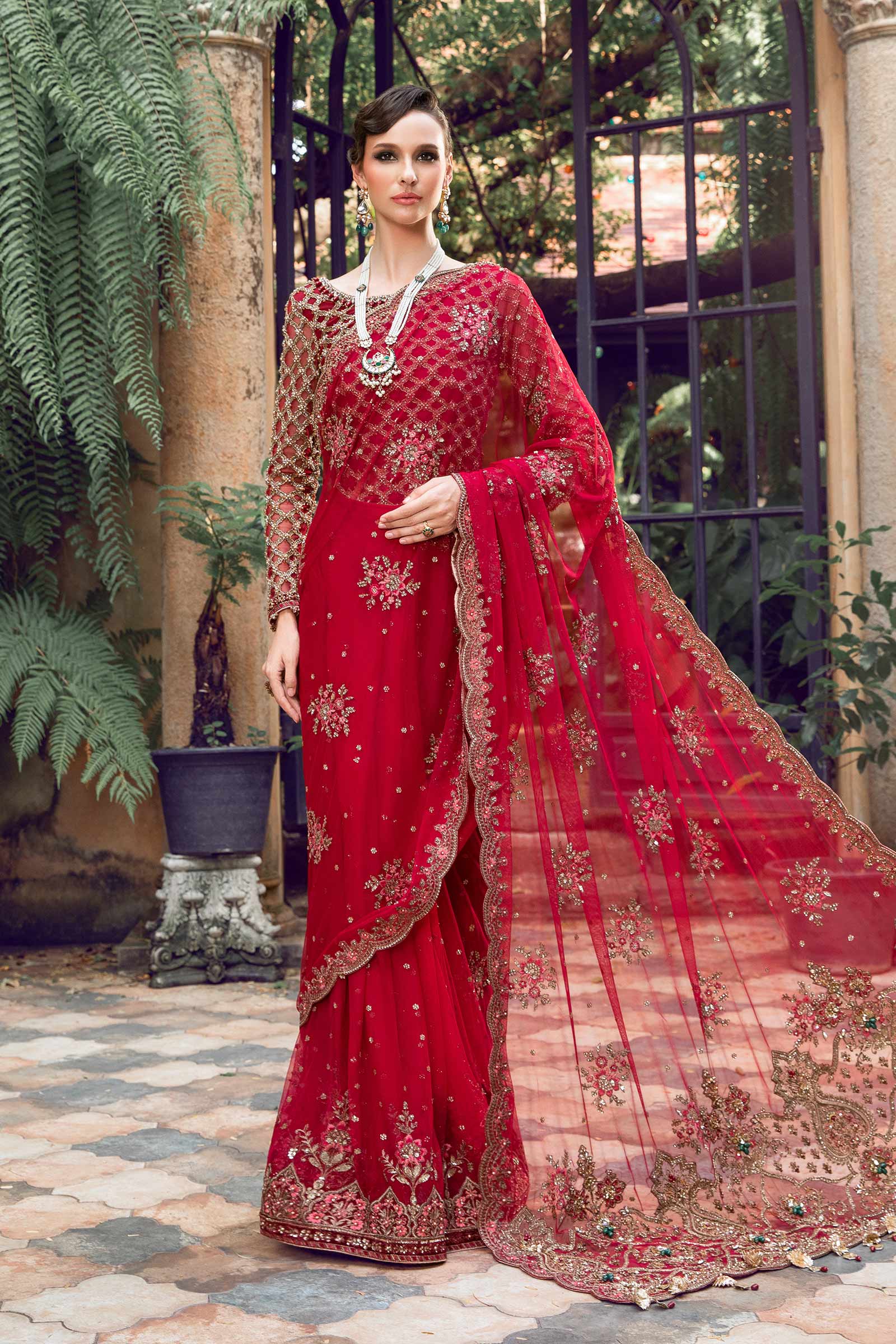 Pakistani Red Hand-Embellished Net & Raw Silk Saree (3-Piece) - Image 1
