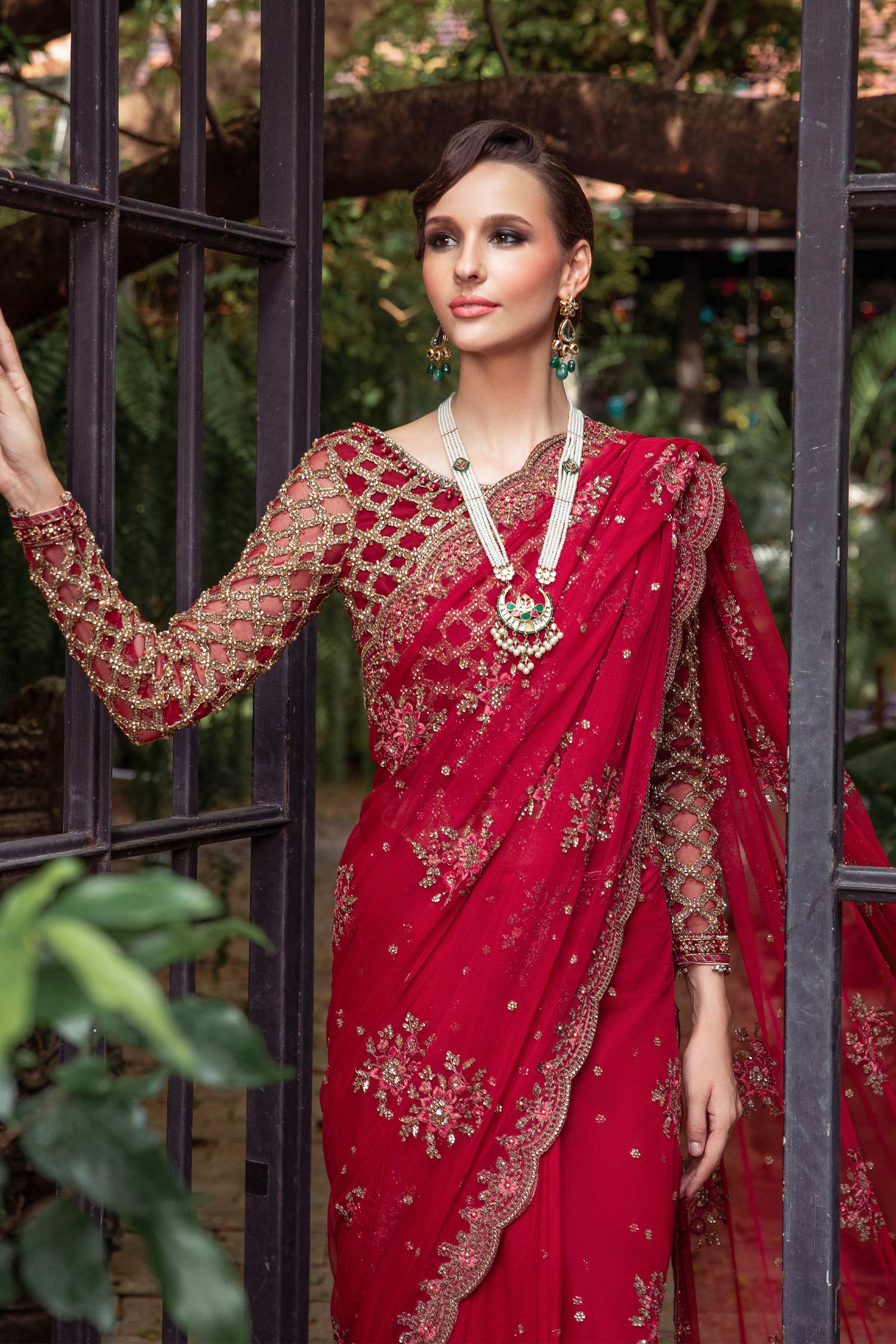 Pakistani Red Hand-Embellished Net & Raw Silk Saree (3-Piece) - Image 2