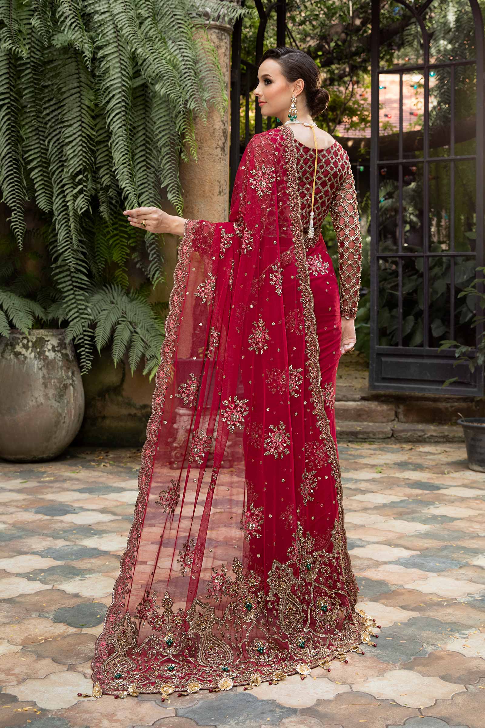 Pakistani Red Hand-Embellished Net & Raw Silk Saree (3-Piece) - Image 6