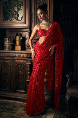 Indian Red Sequin Embroidered Net Saree (2-Piece) - Image 2